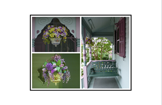 hanging planters and swinging porch bench