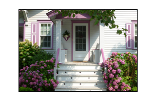 Pink framed house with pink hydrangeas