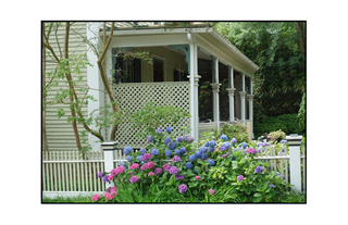 Southern Porch and colorful hydrangeas