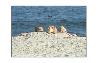 women holding onto bonnets and viewing dolphins