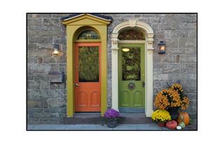 orange and green doors with lights on