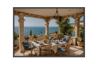 coastal terrace with food table setting