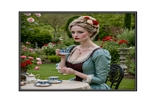 Victorian blonde woman having tea in the garden width=