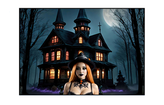 haunted house with beautiful sexy witch with orange hair