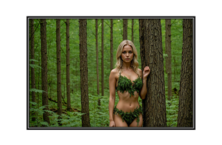 beautiful blonde in foliage bikini in the forest