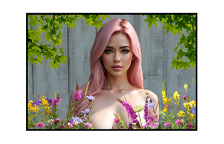 nude pink haired woman behind colorful flowers