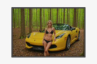 blonde in black bikini by yellow sports car