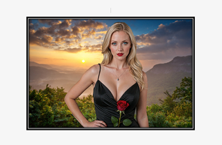 blue eyed blonde in black dress with red rose