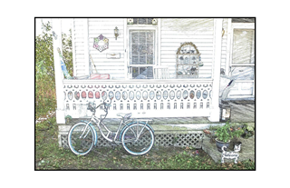 Bicycle leaning on porch with flower pots