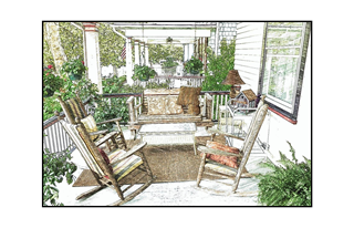 Porches with bench and rocking Chairs