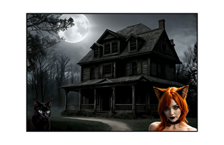 haunted house with black cat and sexy orange haired feline woman