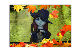 witch by pond and autumn leaves