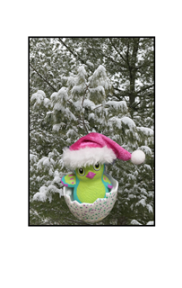 Christmas red hat green hatchling in snow covered tree