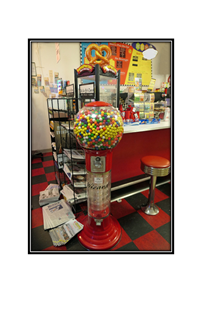 nostalgic malt shop with bubble gum machine