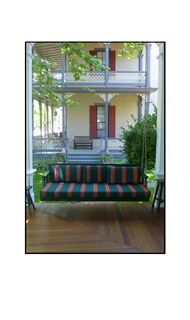 Cape May grre swing bench with double decker porch background