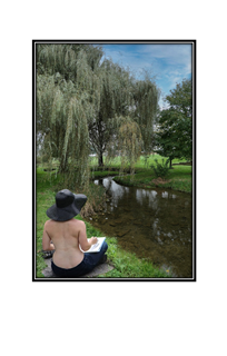 topless female artist sketching the view by a stream with a weeping willow